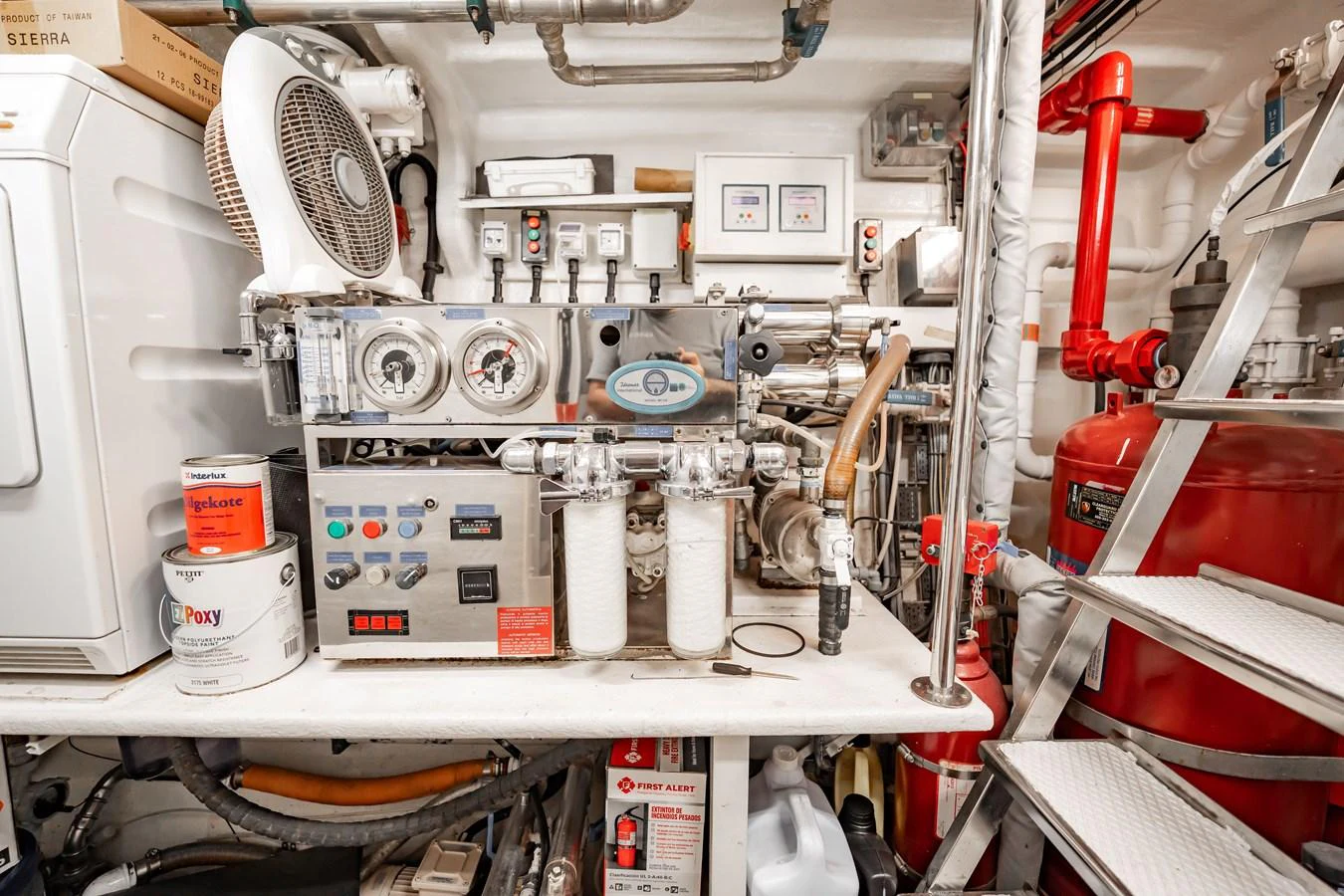 The engine room is equipped with various machinery and tools, showcasing the yacht's technical and operational capabilities. aboard BLUE Yacht for Sale