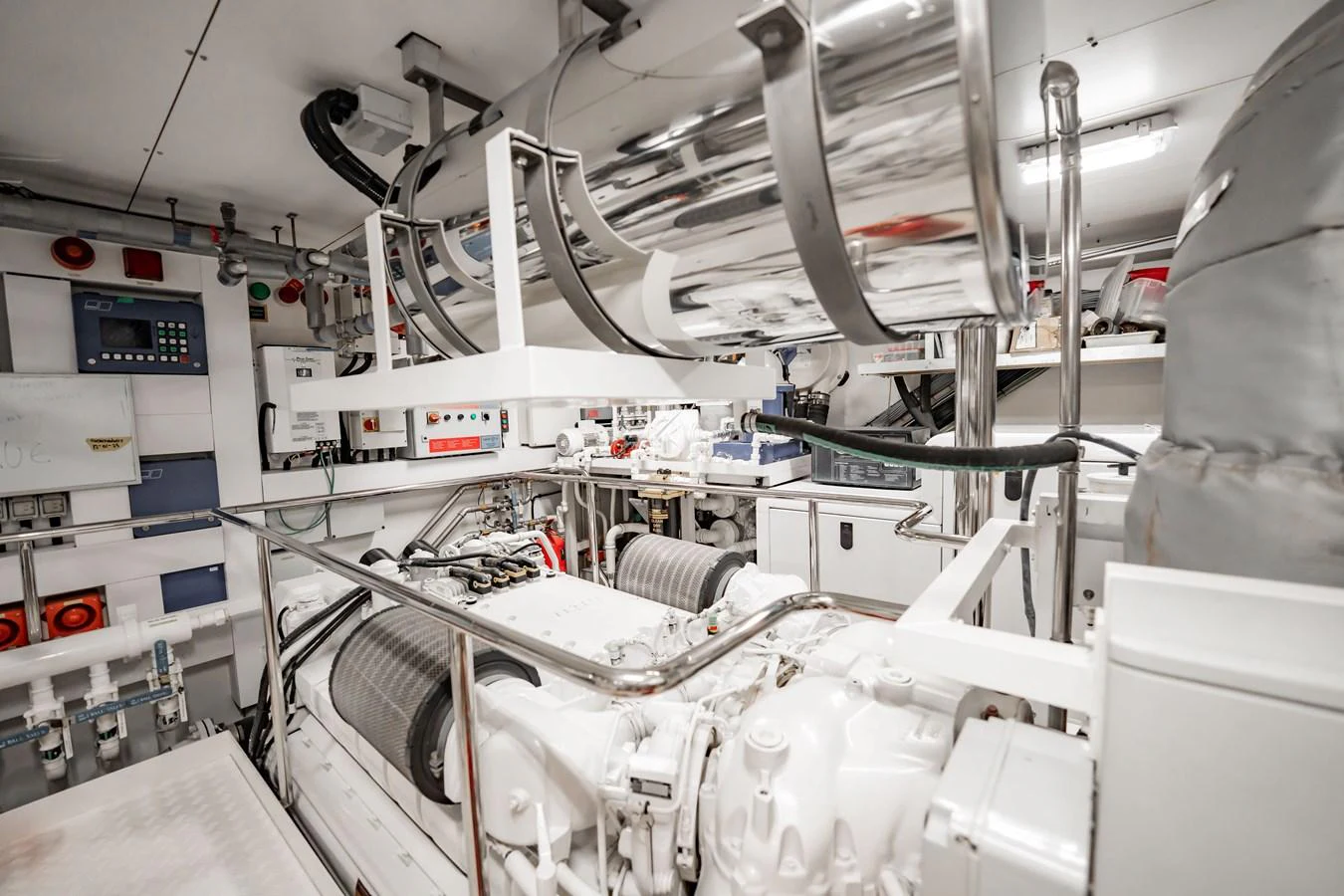 The engine room showcases the yacht's powerful and meticulously maintained machinery. aboard BLUE Yacht for Sale