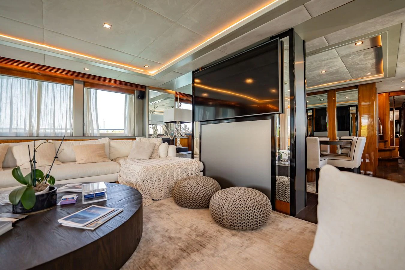 The salon offers a luxurious and spacious area with modern furnishings and elegant decor. aboard BLUE Yacht for Sale