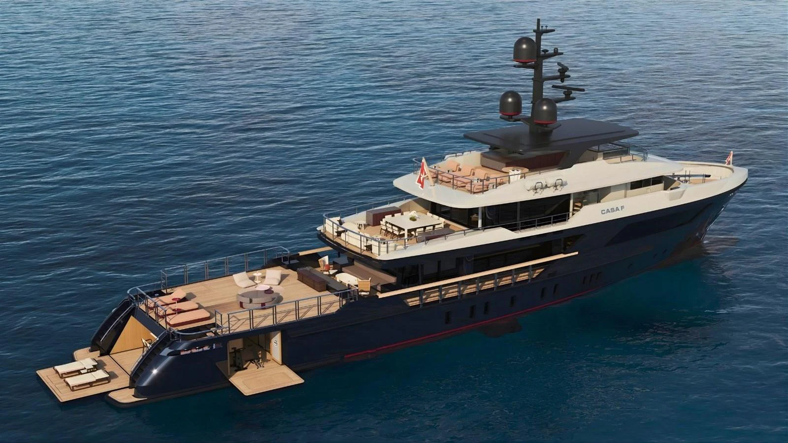 A luxurious yacht cruising on calm blue waters, showcasing its elegant design and spacious decks. aboard CASA F Yacht for Sale
