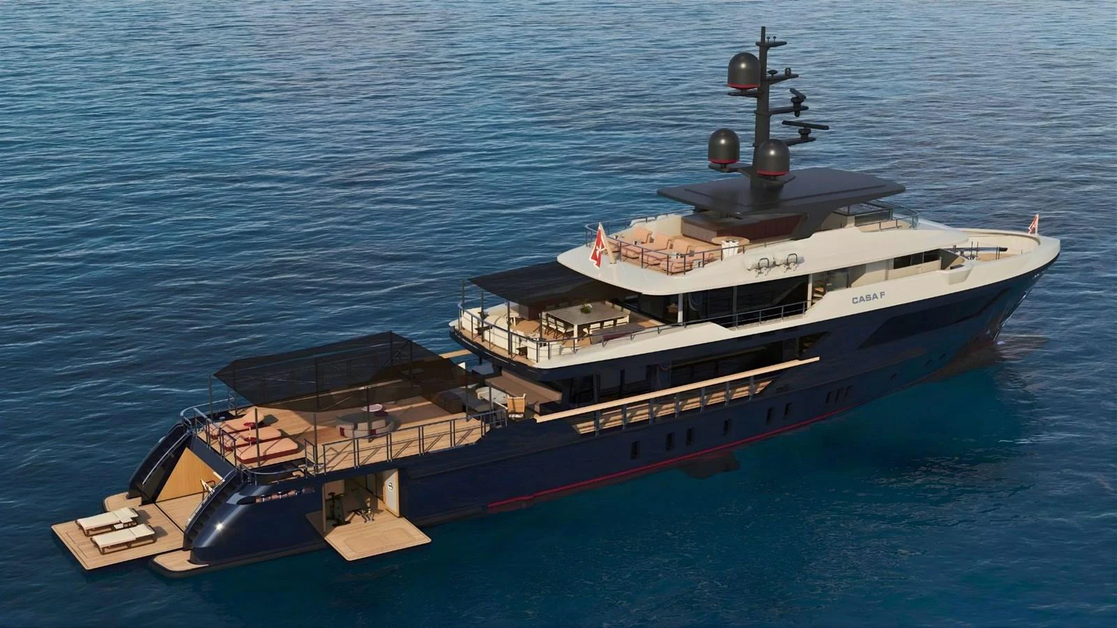 A luxurious yacht cruising on calm blue waters, showcasing its sleek design and multiple decks. aboard CASA F Yacht for Sale