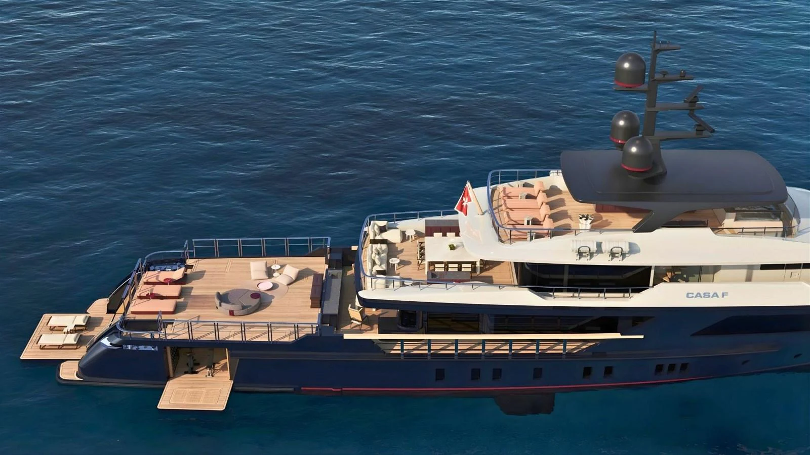 The yacht's aft deck offers luxurious lounging areas with stunning views over the water. aboard CASA F Yacht for Sale