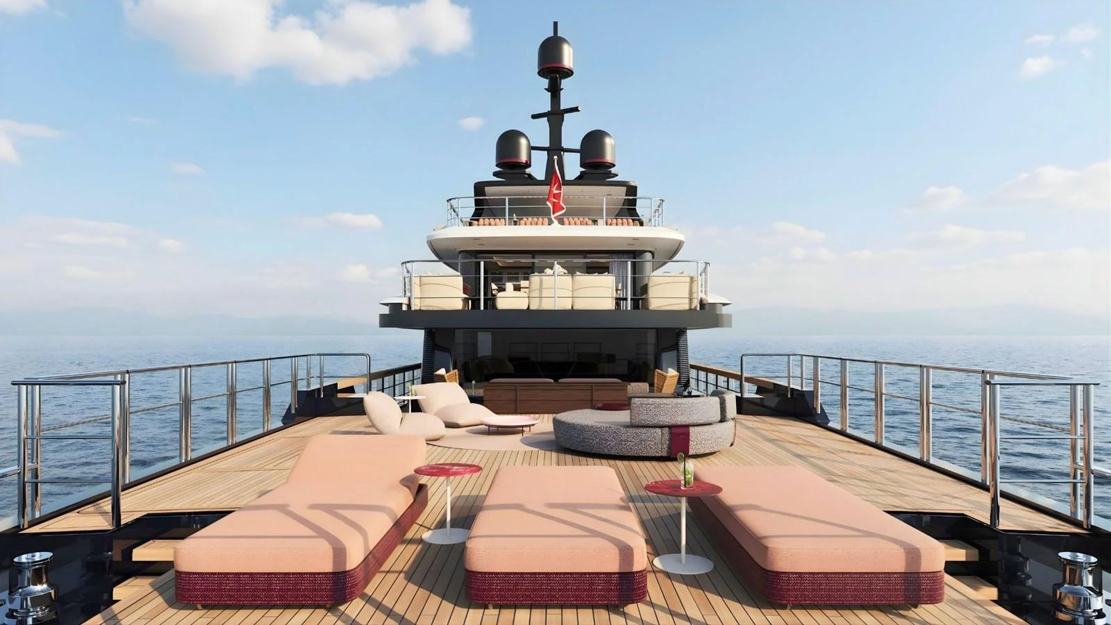 The sundeck offers luxurious lounging areas with plush sunbeds and panoramic ocean views. aboard CASA F Yacht for Sale