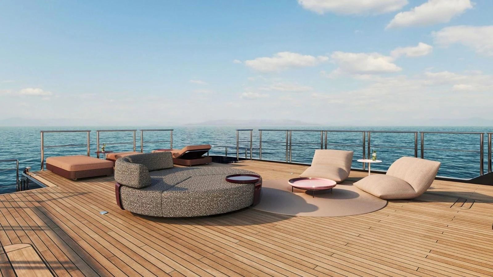 The sundeck offers a luxurious lounging area with modern furniture and stunning ocean views. aboard CASA F Yacht for Sale