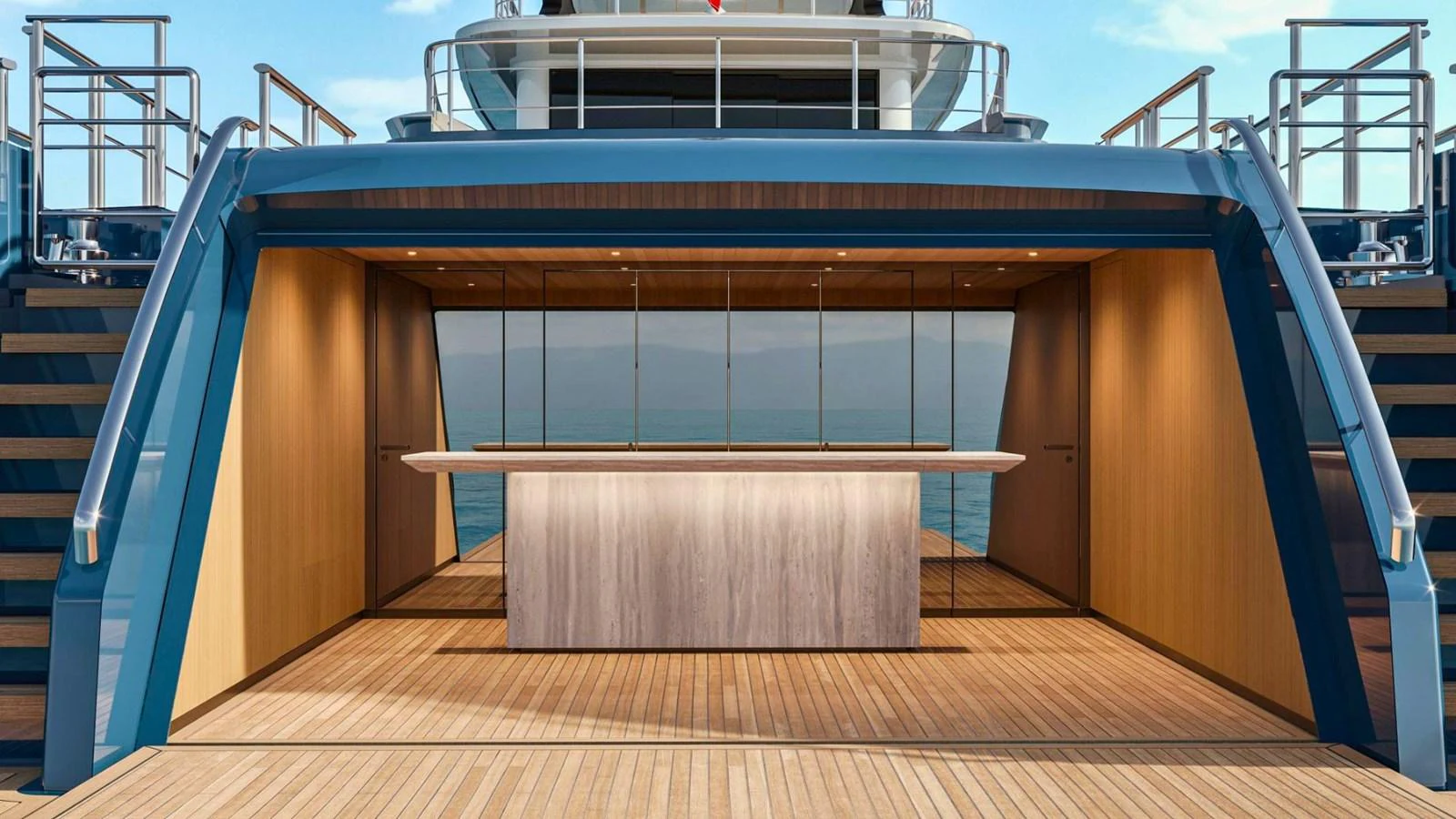 The beach club offers a luxurious space for relaxation and entertainment right at the water's edge. aboard CASA F Yacht for Sale