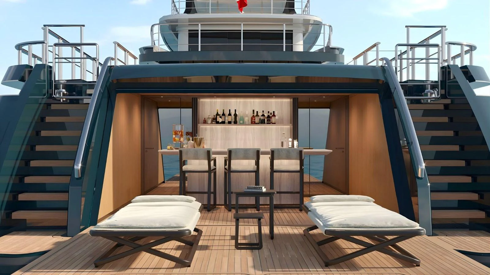 The yacht's beach club features a stylish bar and comfortable lounging area, perfect for relaxation and entertainment. aboard CASA F Yacht for Sale