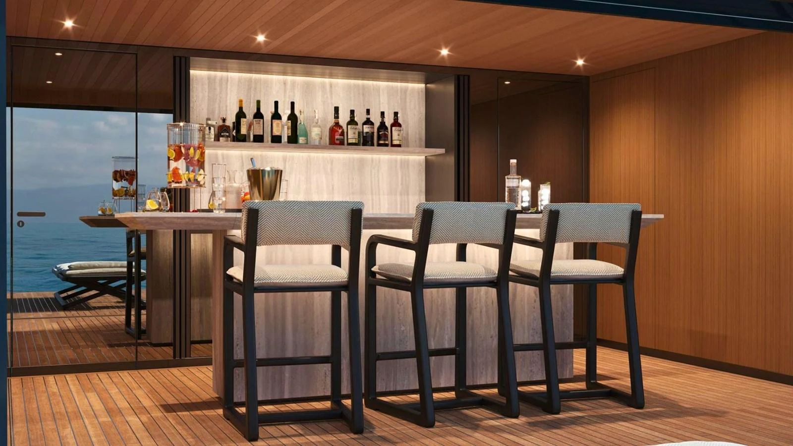 The yacht features a sophisticated bar area with ample seating and a well-stocked selection of beverages. aboard CASA F Yacht for Sale