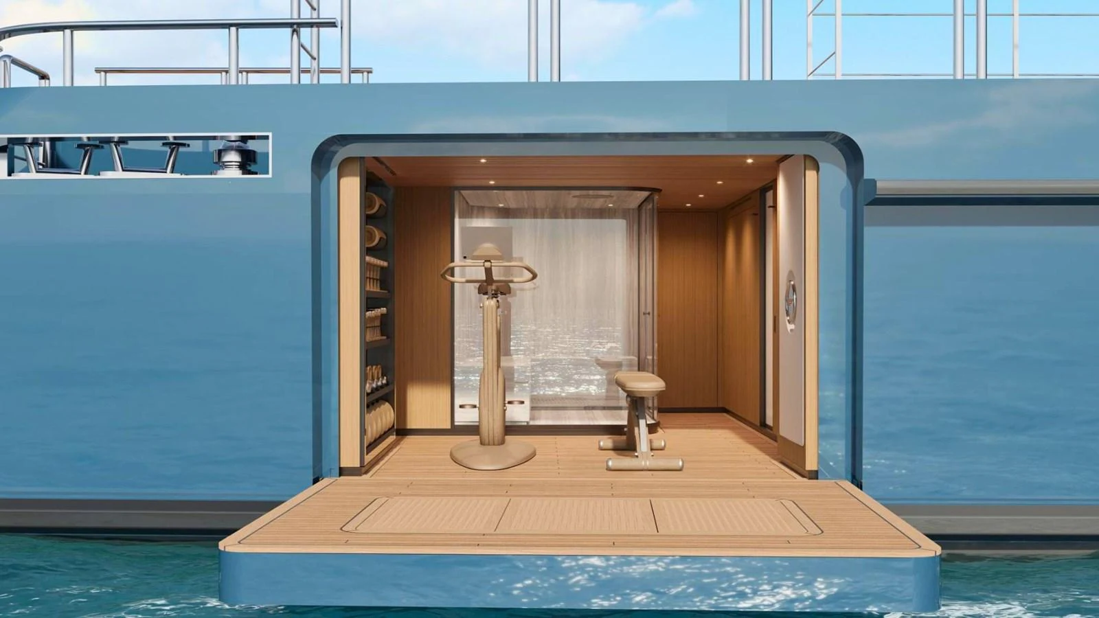 This yacht features a well-equipped gym with modern fitness equipment and a serene ocean view. aboard CASA F Yacht for Sale