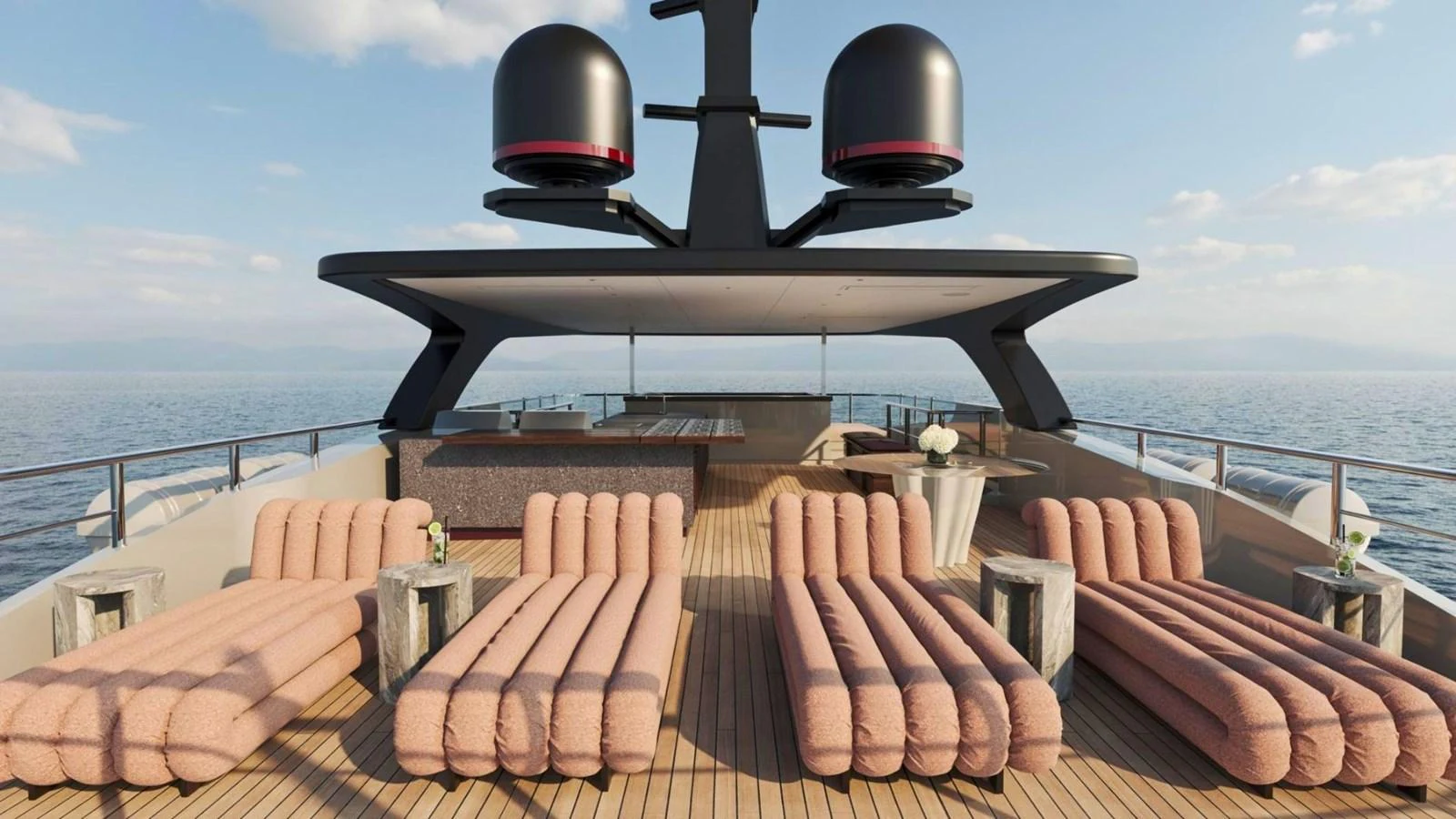 The sundeck features luxurious lounging areas with plush seating and a shaded bar area, perfect for relaxation and entertainment. aboard CASA F Yacht for Sale