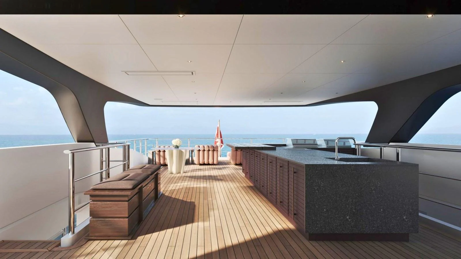 The sundeck offers a spacious area with modern furnishings and a stunning ocean view. aboard CASA F Yacht for Sale
