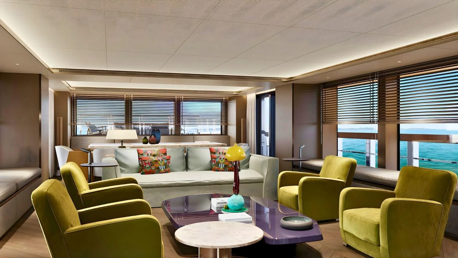 The salon features plush seating and large windows offering stunning ocean views. aboard CASA F Yacht for Sale