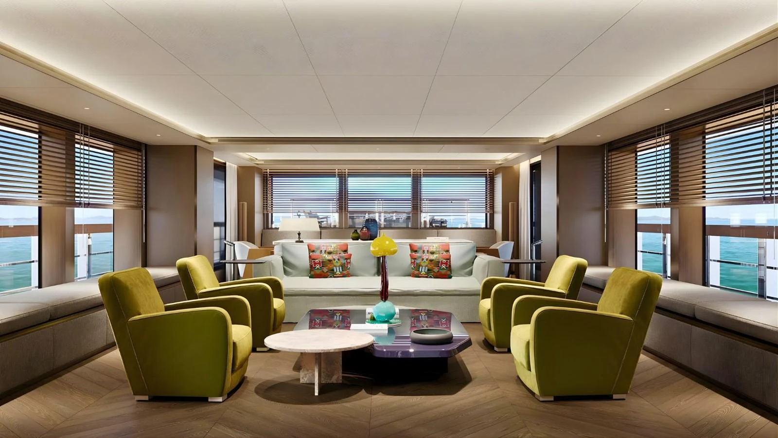 The salon features plush seating and modern decor, offering a luxurious and comfortable space for relaxation. aboard CASA F Yacht for Sale