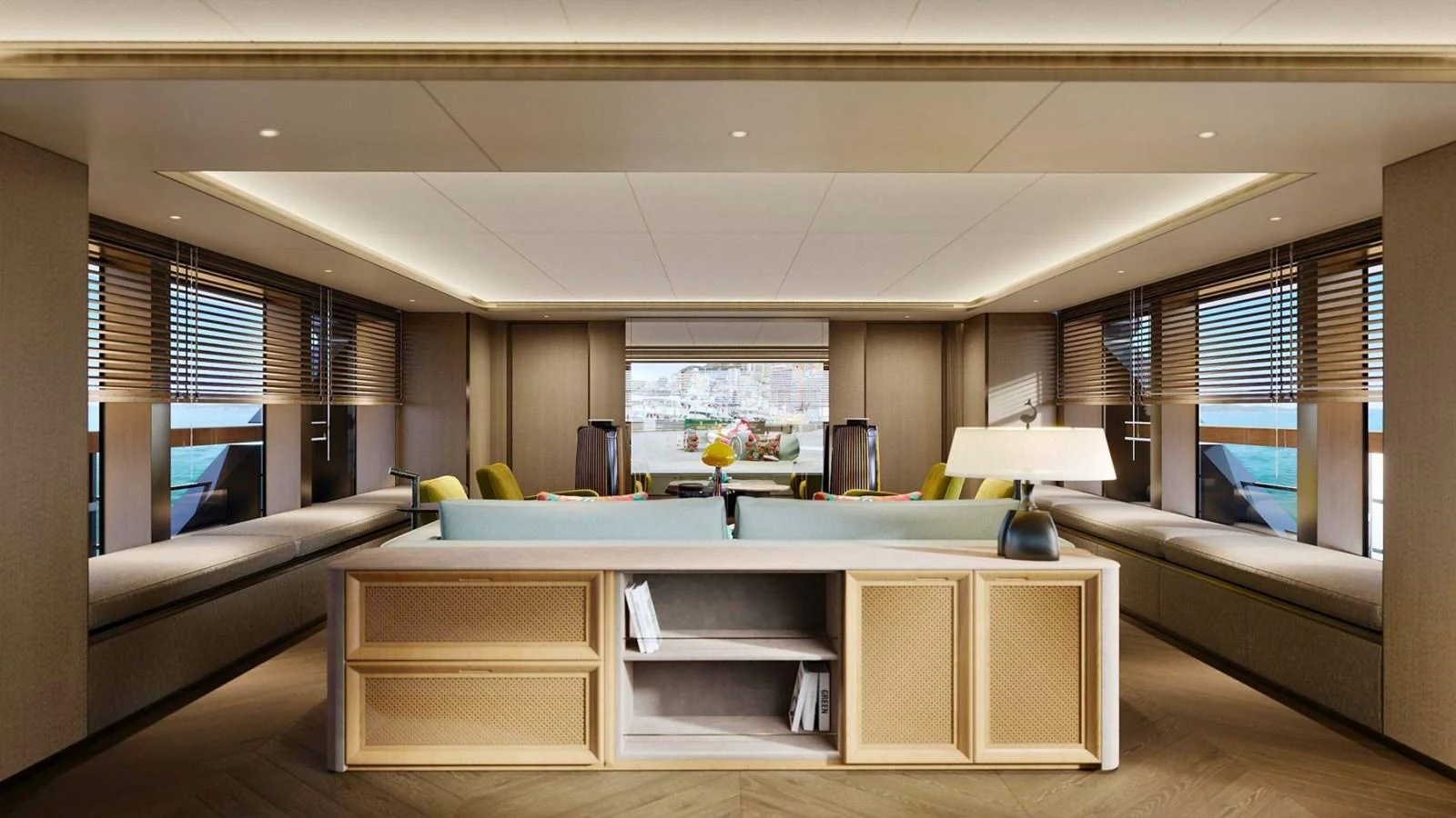 The yacht's salon features a spacious and elegantly designed seating area with large windows offering panoramic views. aboard CASA F Yacht for Sale