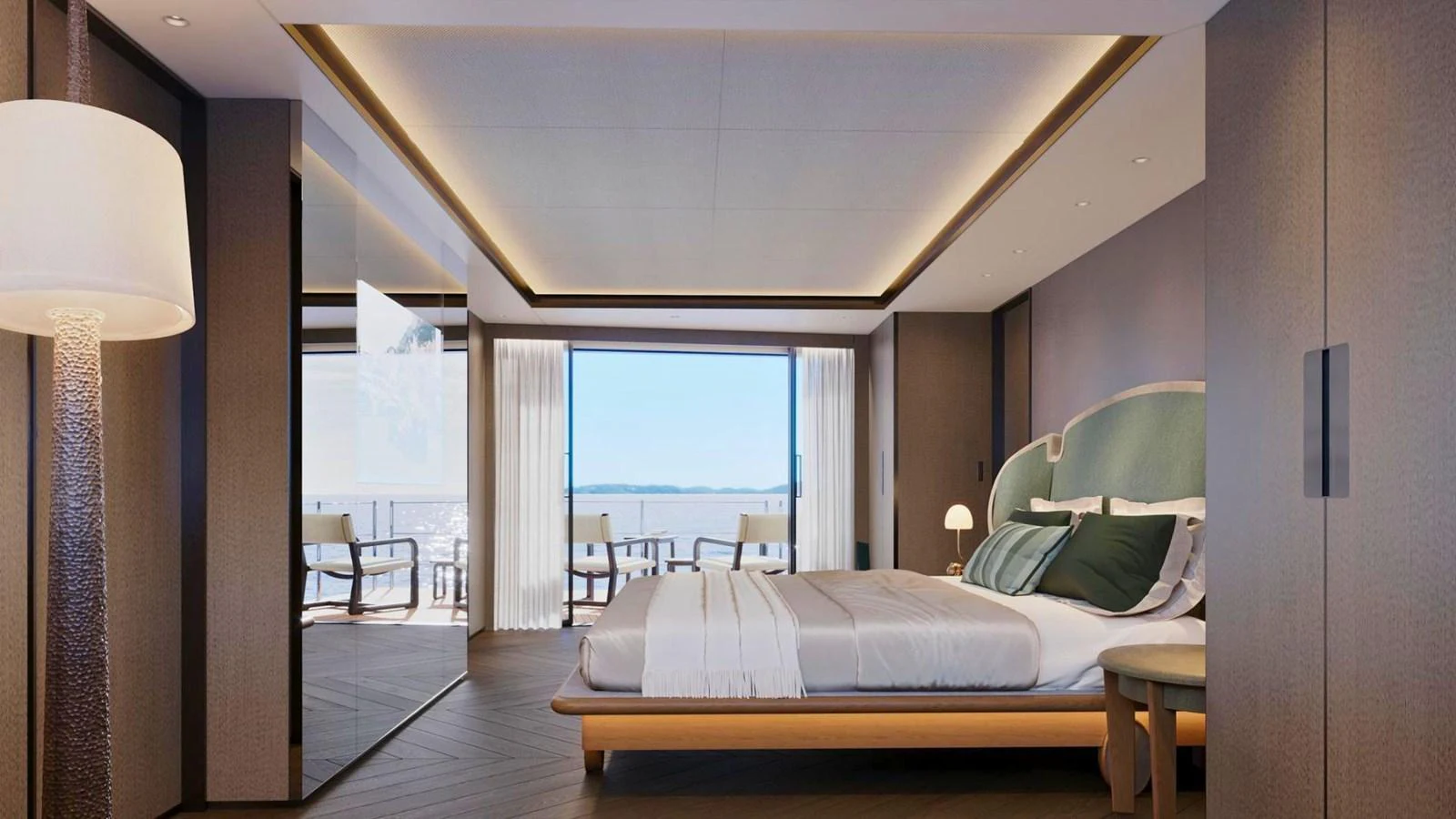 The master stateroom offers a luxurious and serene retreat with a stunning view of the sea. aboard CASA F Yacht for Sale