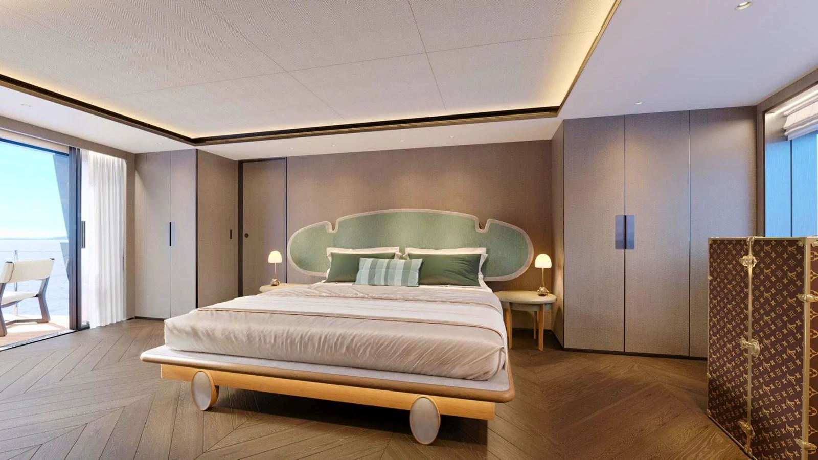 The master stateroom features a spacious bed with elegant decor and ample natural light. aboard CASA F Yacht for Sale