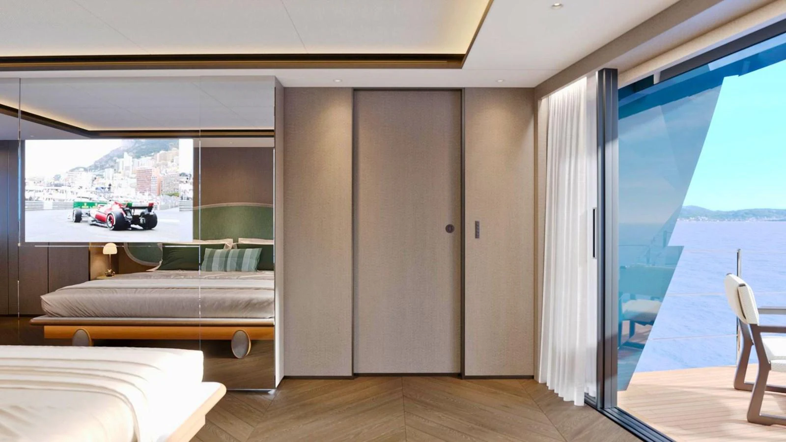 The stateroom offers a serene retreat with a large bed, modern decor, and a stunning view of the sea through sliding glass doors. aboard CASA F Yacht for Sale