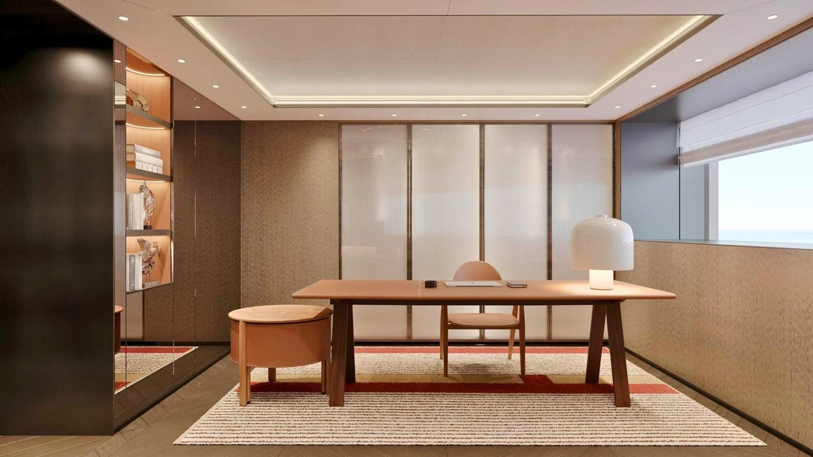The yacht features a sophisticated office space with modern furnishings and ample natural light. aboard CASA F Yacht for Sale