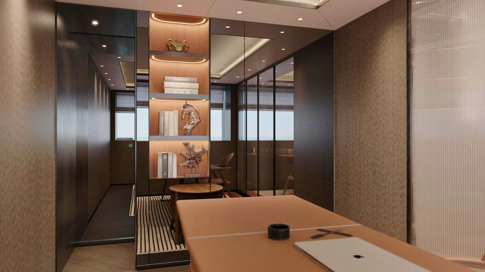 A sophisticated interior space featuring a modern design with sleek furnishings and ambient lighting. aboard CASA F Yacht for Sale