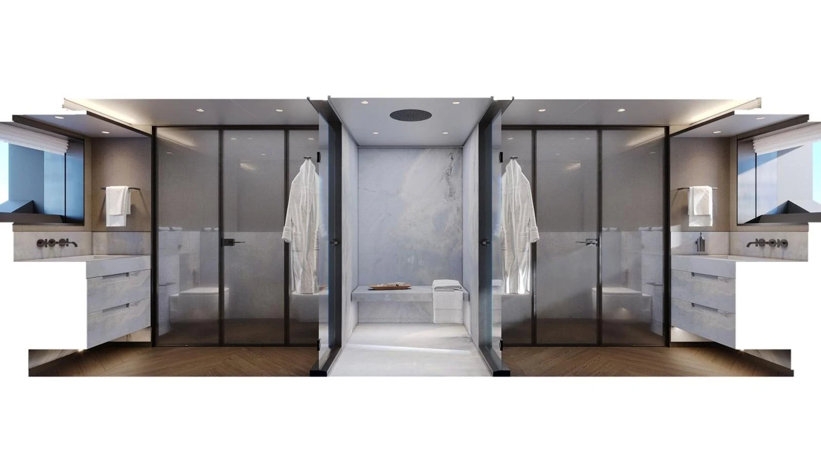 The yacht features a luxurious bathroom with dual vanities and spacious shower areas. aboard CASA F Yacht for Sale