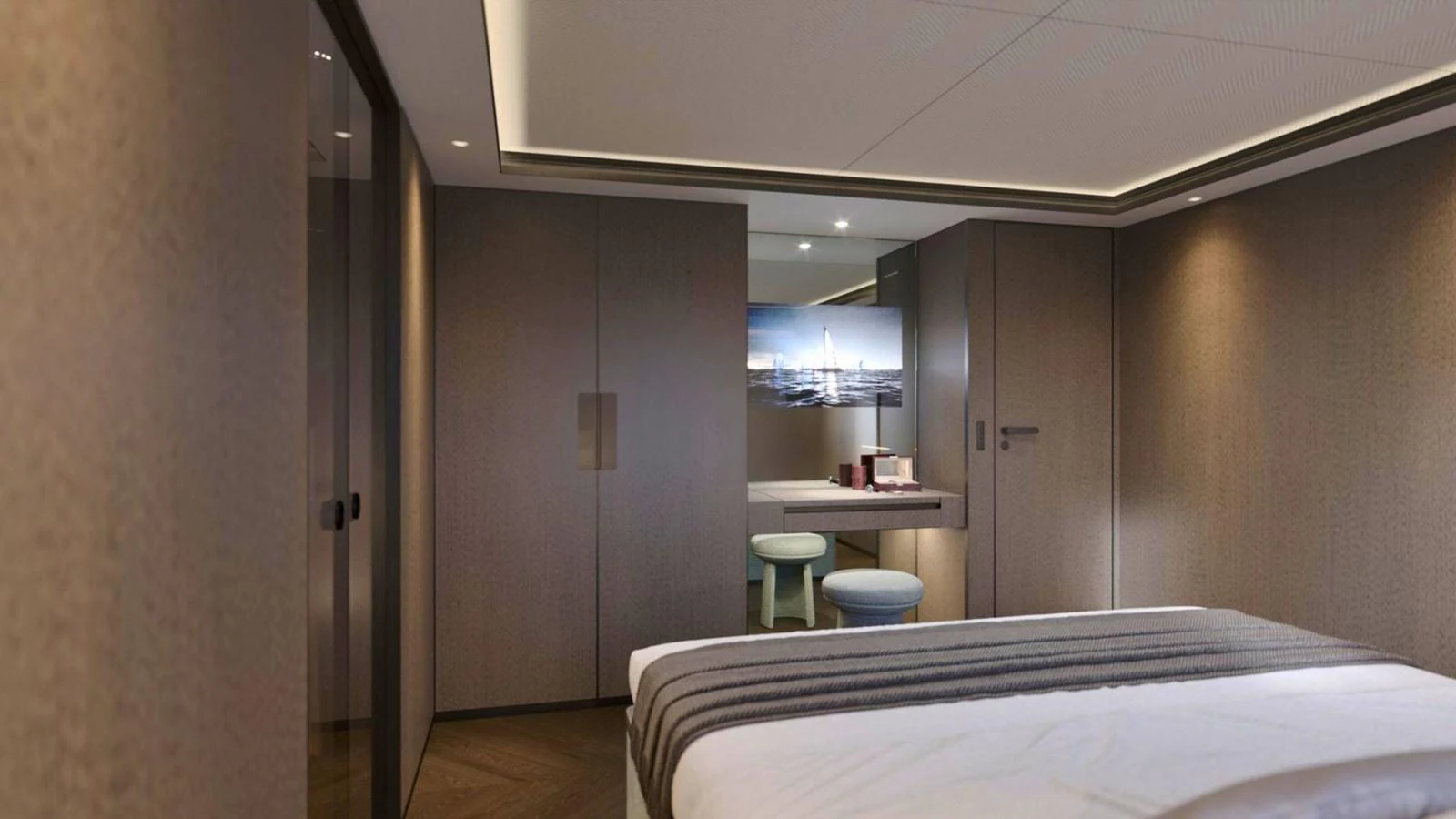 A luxurious stateroom with modern furnishings and a serene ambiance. aboard CASA F Yacht for Sale