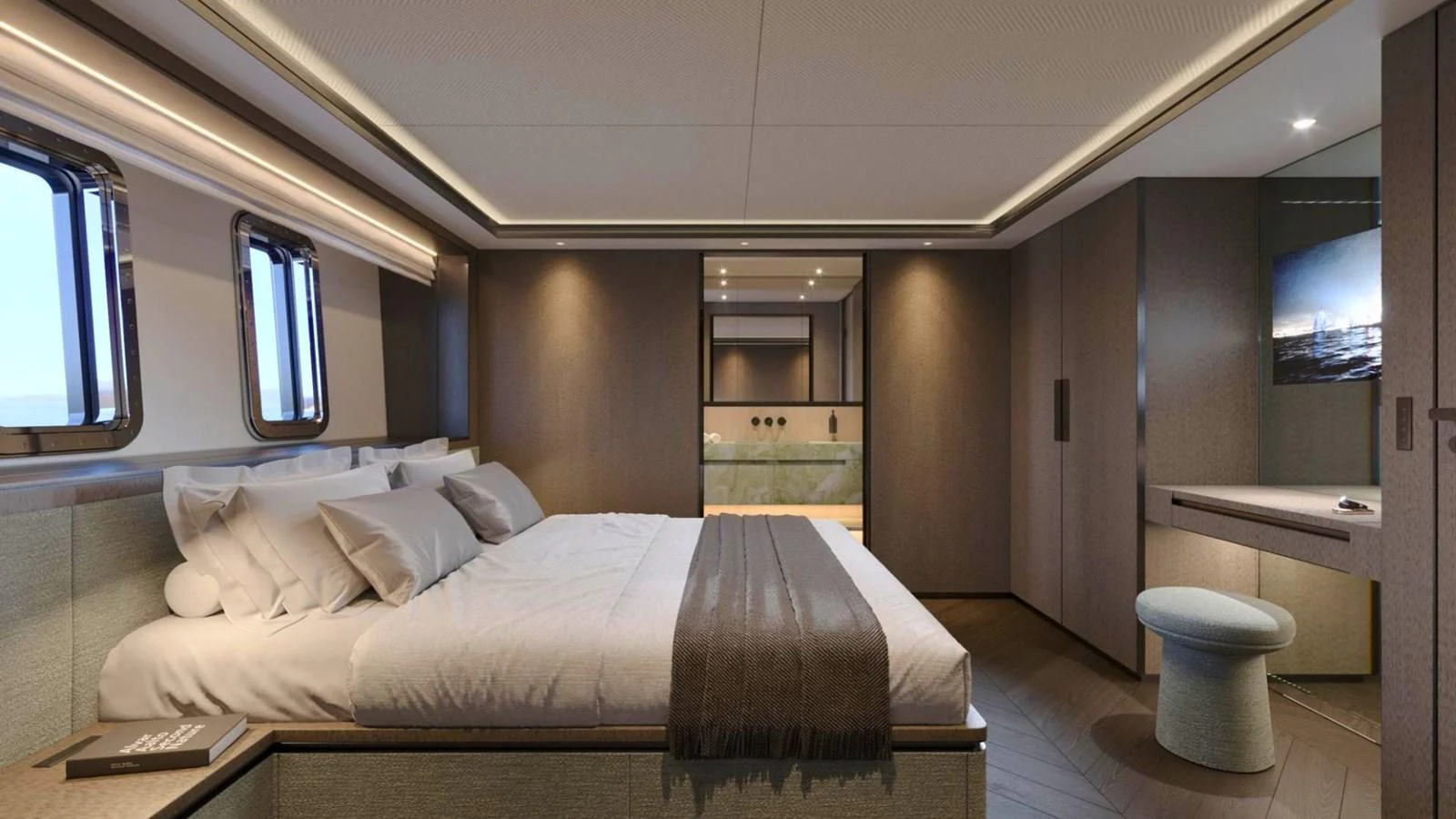 The master stateroom offers a luxurious and spacious retreat with modern design and ample natural light. aboard CASA F Yacht for Sale