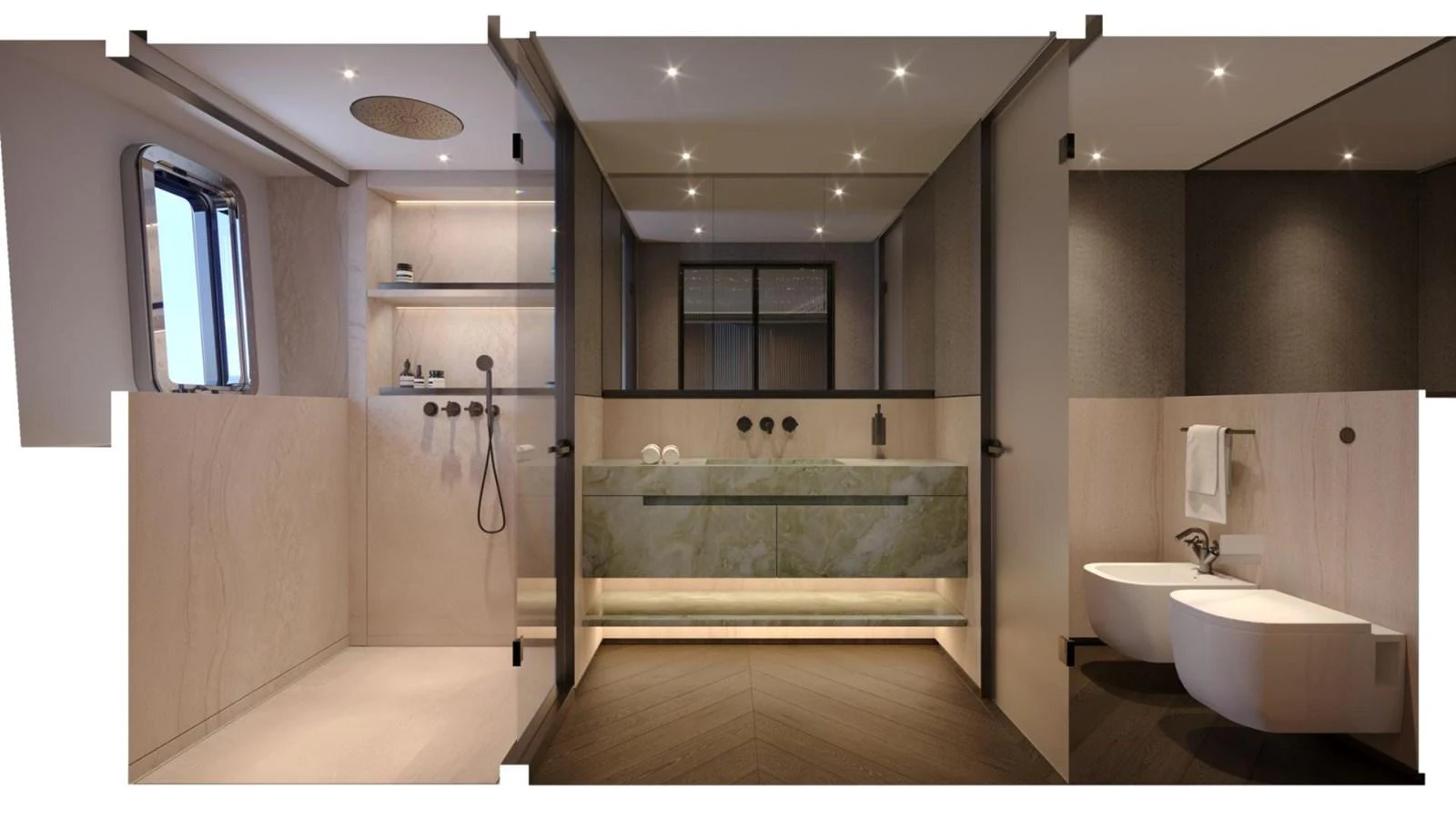 The yacht's bathroom features a modern design with sleek fixtures and ambient lighting. aboard CASA F Yacht for Sale