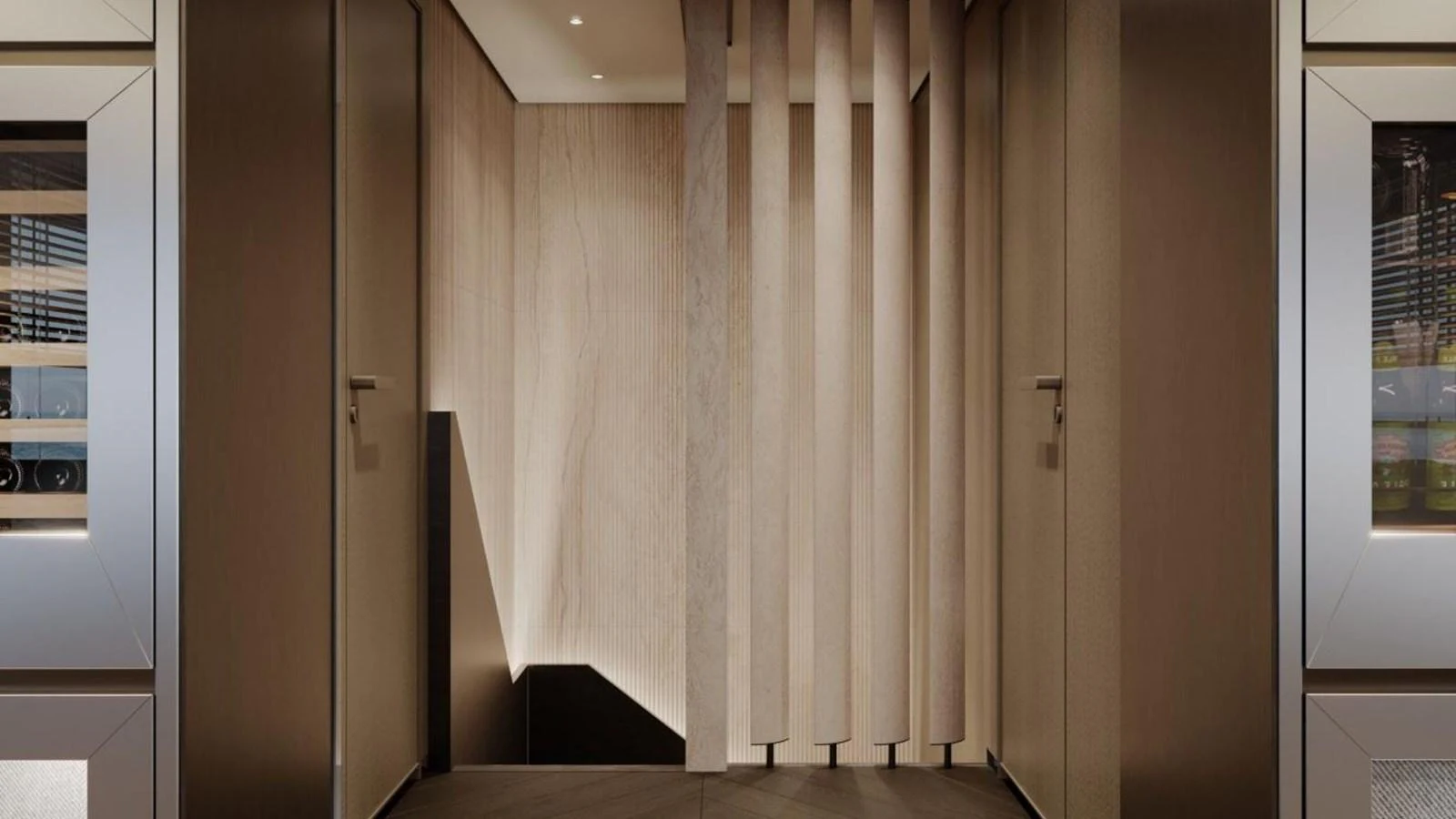 The image showcases a modern and elegant interior hallway with sophisticated lighting and design elements. aboard CASA F Yacht for Sale