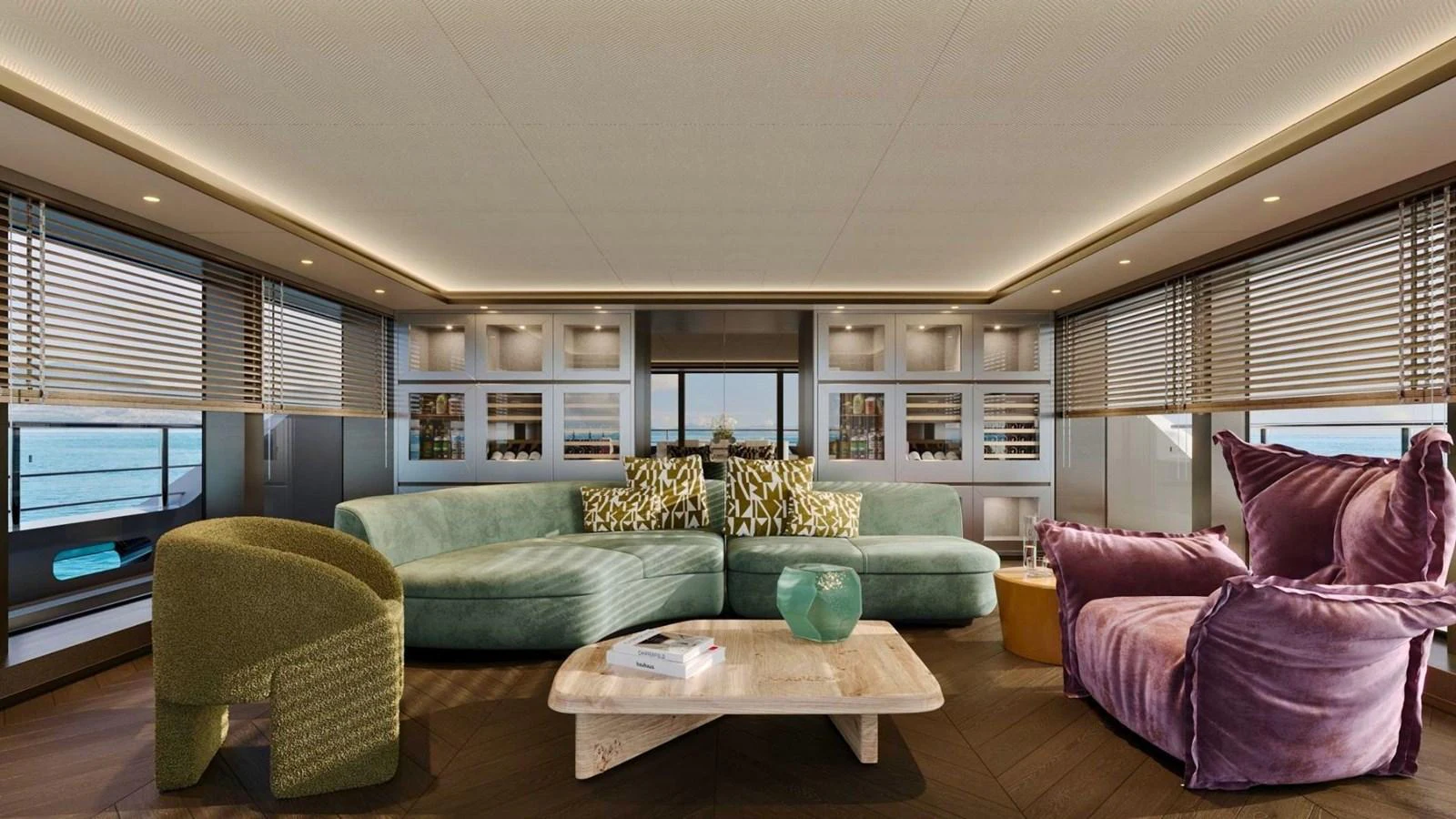 The salon features modern furnishings with ample natural light and panoramic views. aboard CASA F Yacht for Sale