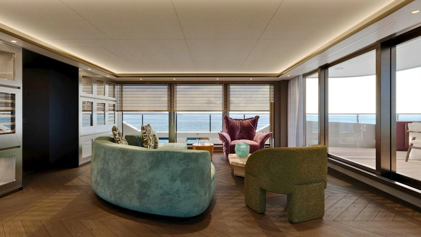 The salon features plush seating with panoramic ocean views through large windows. aboard CASA F Yacht for Sale