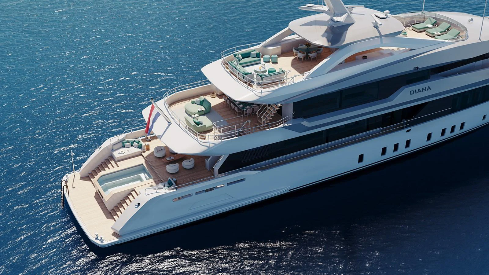 A luxurious yacht cruising on the open sea, showcasing its elegant design and spacious decks. aboard DIANA Yacht for Sale
