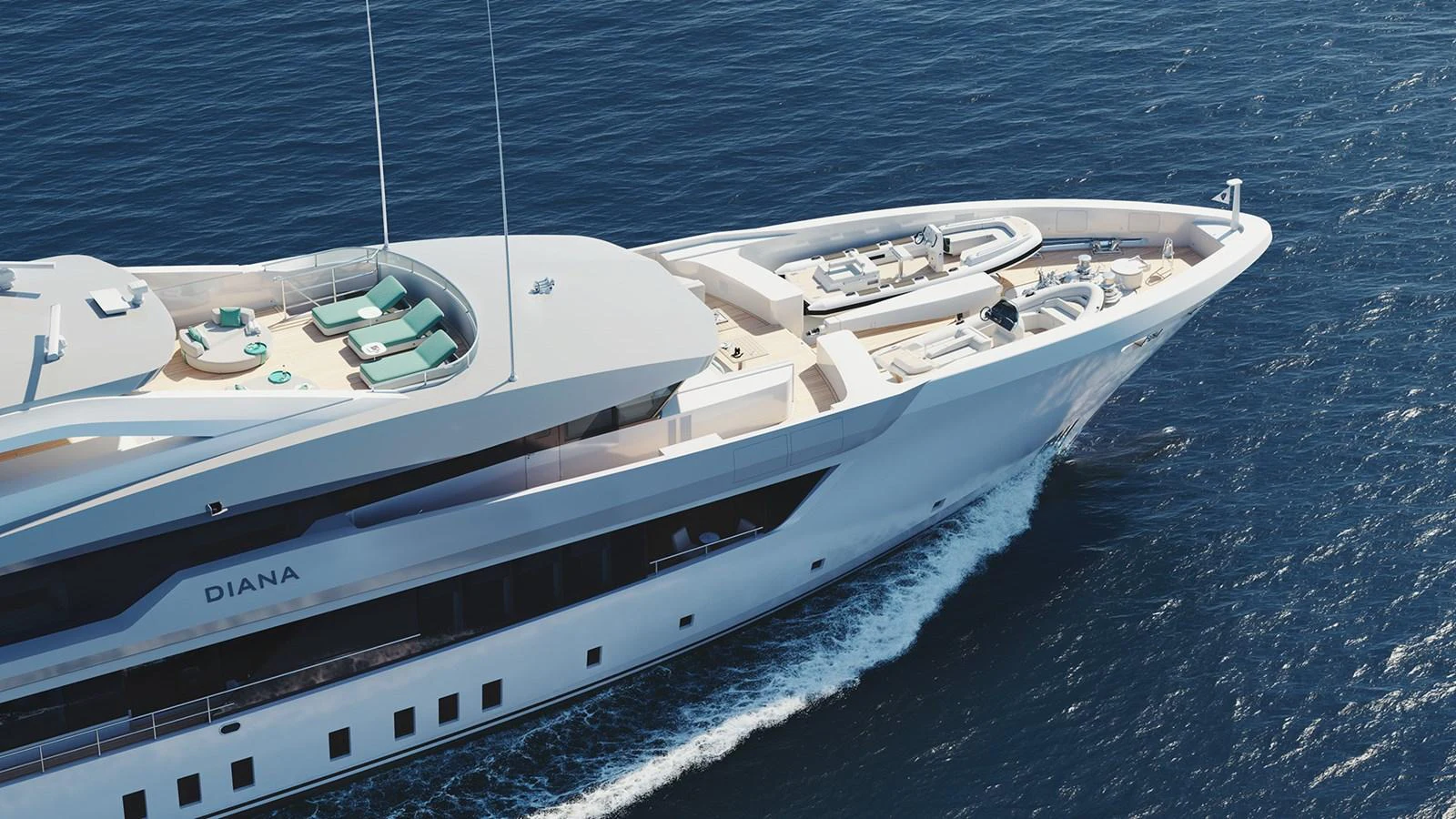 A sleek and modern yacht cruises through the open sea, showcasing its luxurious design and spacious decks. aboard DIANA Yacht for Sale