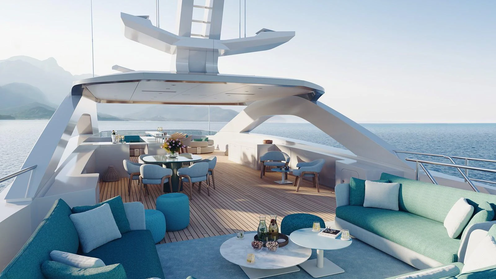 The sundeck offers a luxurious outdoor lounging area with plush seating and stunning ocean views. aboard DIANA Yacht for Sale