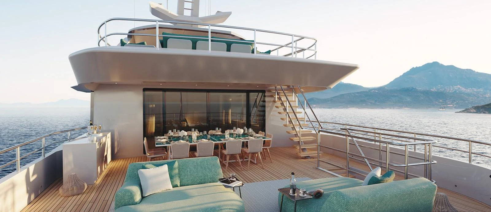 The aft deck offers a luxurious outdoor dining and lounging area with stunning sea views. aboard DIANA Yacht for Sale