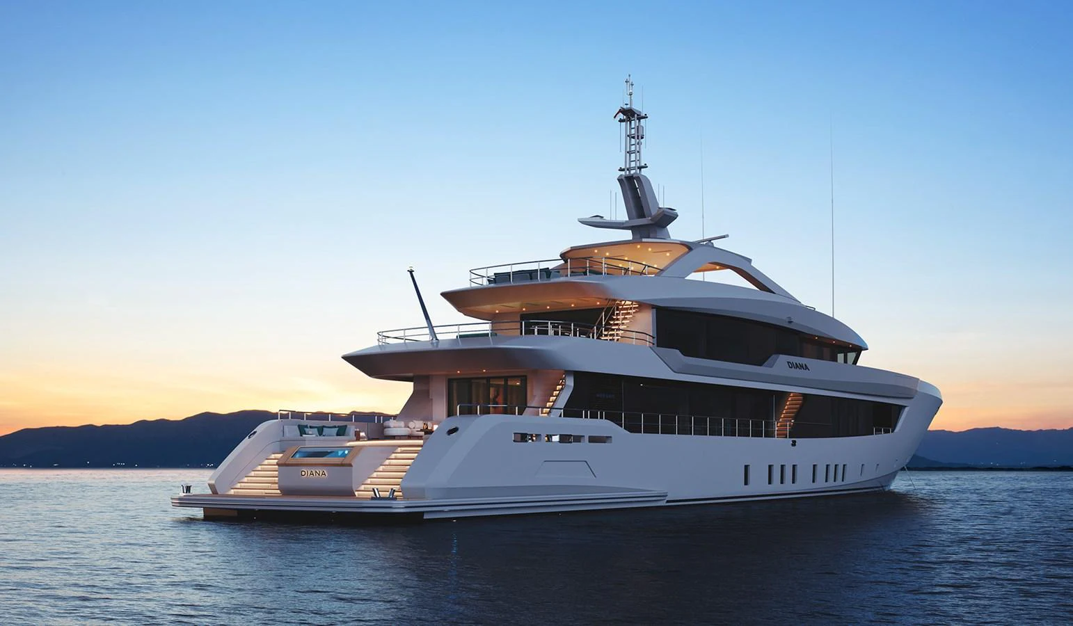 A sleek and modern yacht is anchored on calm waters at sunset, showcasing its elegant design and spacious decks. aboard DIANA Yacht for Sale