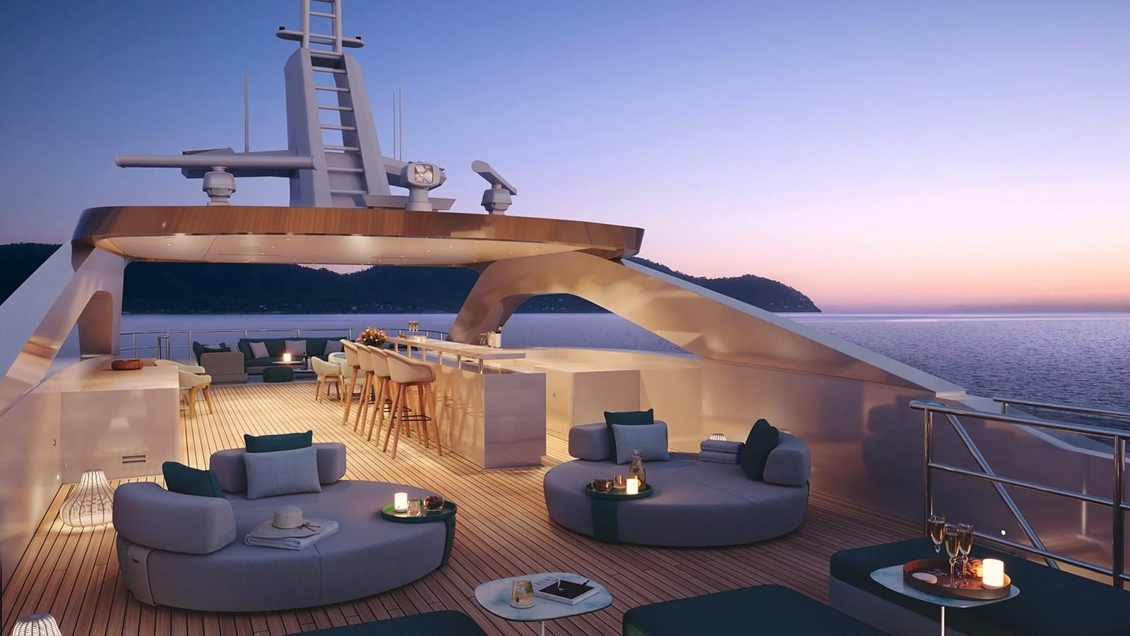 The sundeck offers a luxurious outdoor lounge area with stunning sea views at sunset. aboard DIANA Yacht for Sale