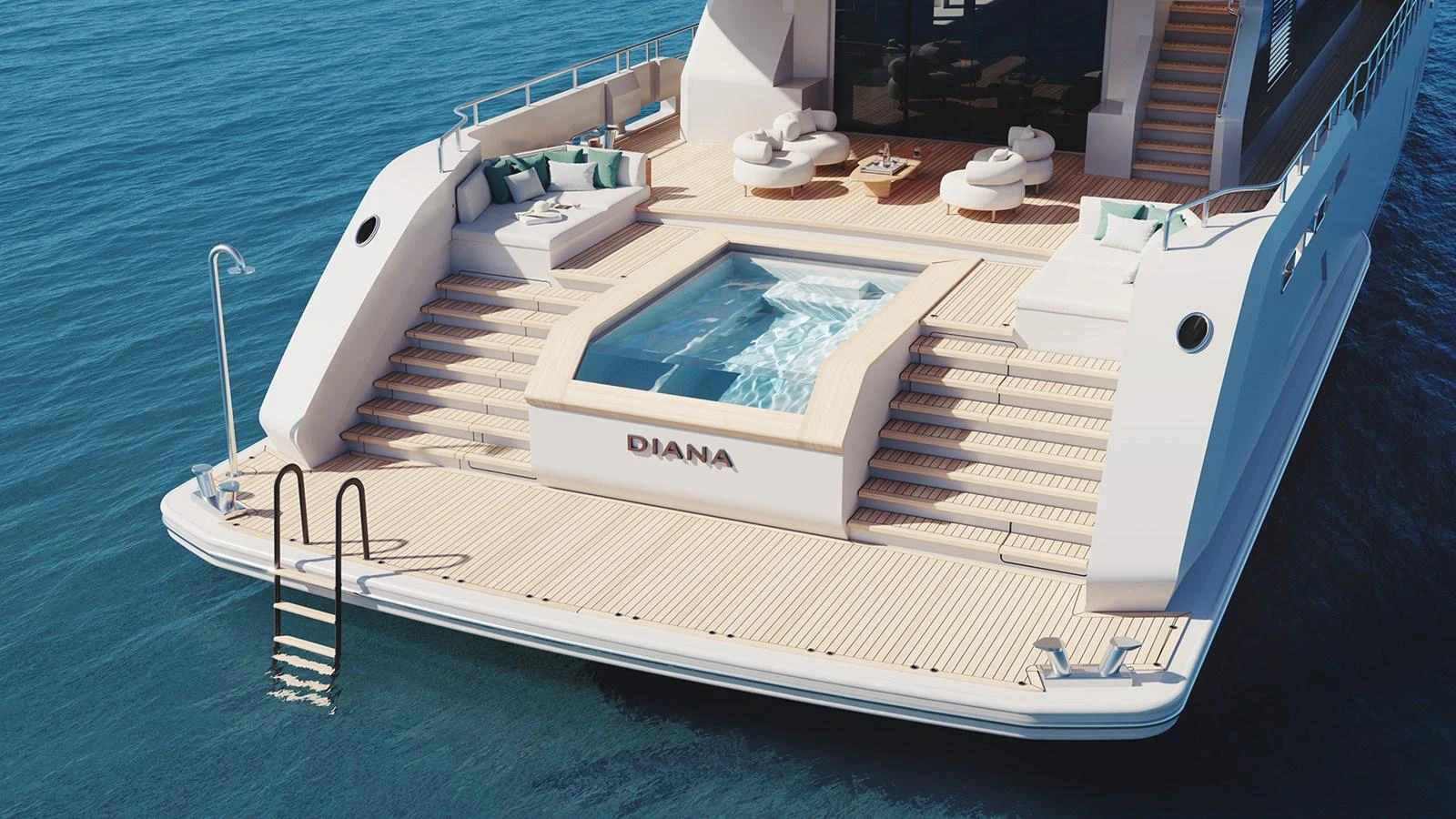 The yacht's aft deck features a luxurious jacuzzi and comfortable seating areas, perfect for relaxation. aboard DIANA Yacht for Sale