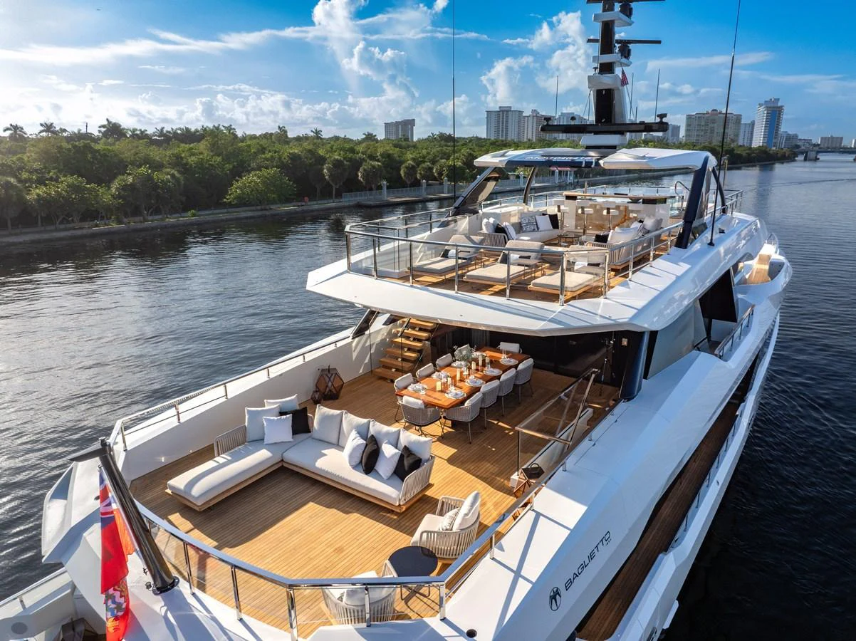 The yacht's aft deck features luxurious seating and dining areas with stunning water views. aboard BAGLIETTO DOM 133 #5 Yacht for Sale