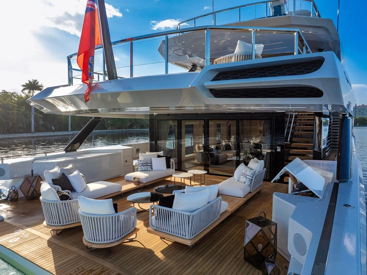 The aft deck features luxurious seating and a stylish, open-air design perfect for relaxation and socializing. aboard BAGLIETTO DOM 133 #5 Yacht for Sale