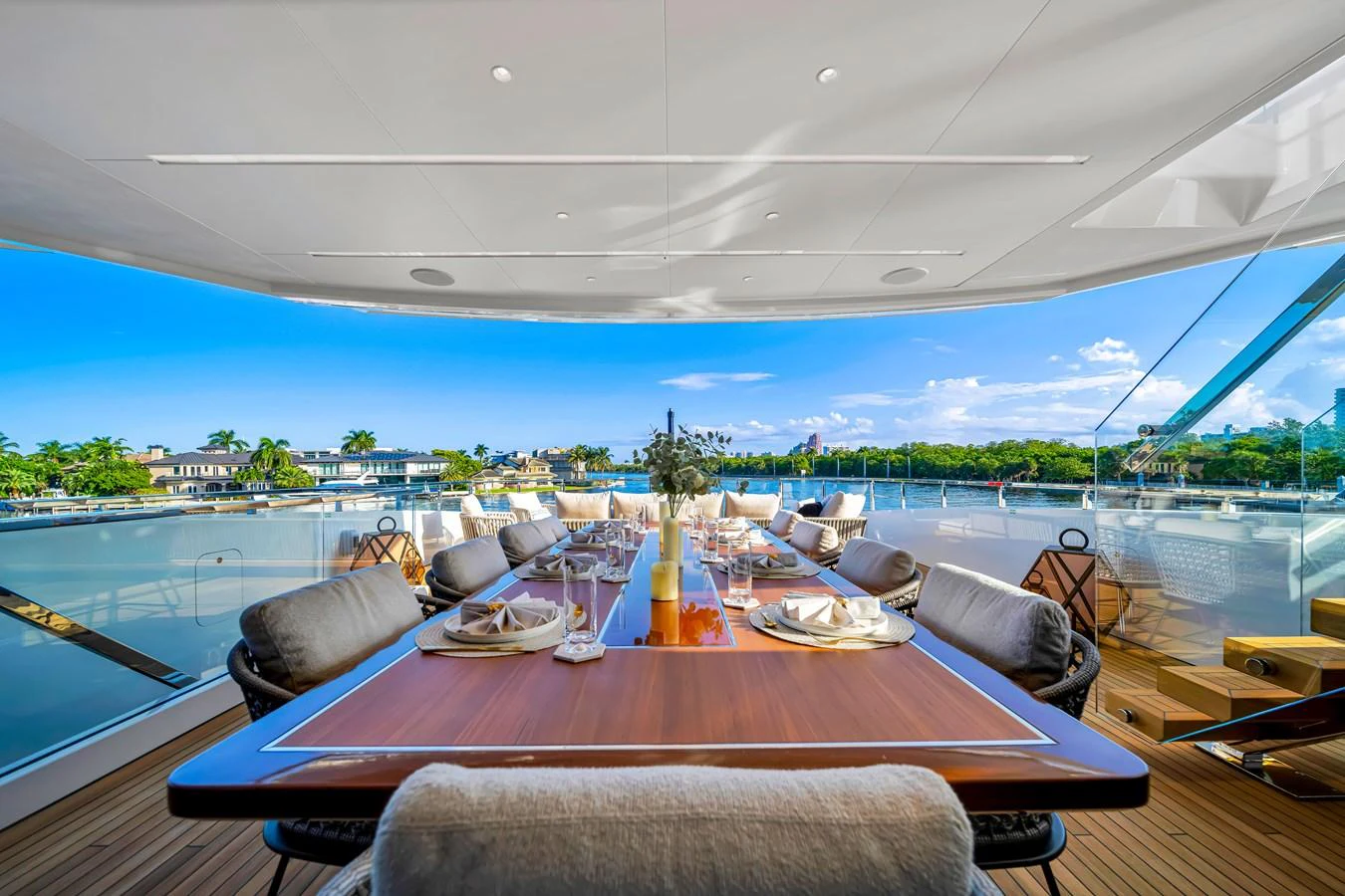 The alfresco dining area offers a luxurious setting with stunning views of the surrounding waters. aboard BAGLIETTO DOM 133 #5 Yacht for Sale