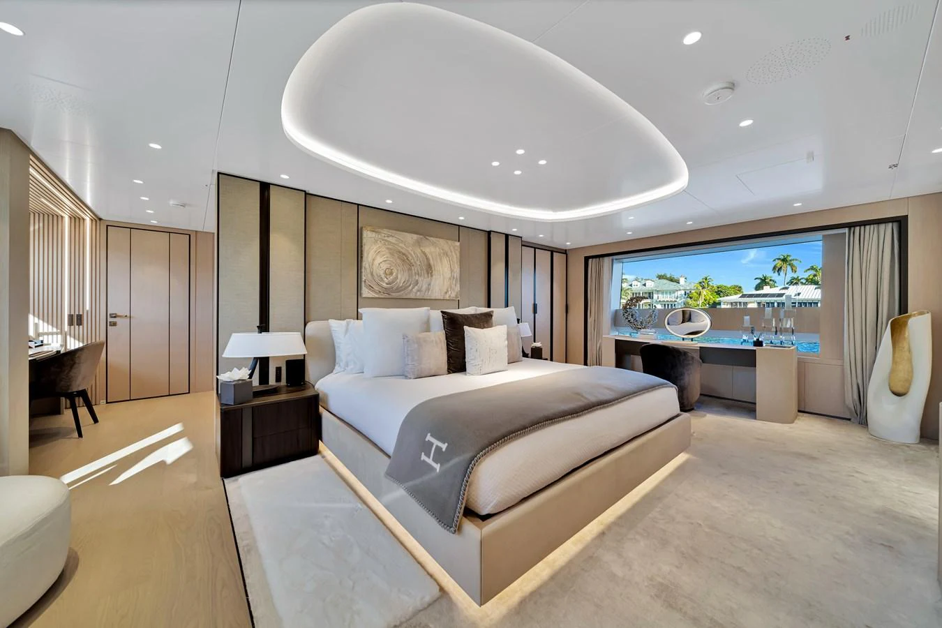 The master stateroom exudes luxury with its spacious layout, modern design, and large windows offering stunning views. aboard BAGLIETTO DOM 133 #5 Yacht for Sale