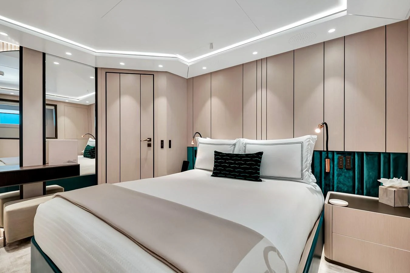 The master stateroom exudes elegance with its plush bedding and modern design. aboard BAGLIETTO DOM 133 #5 Yacht for Sale