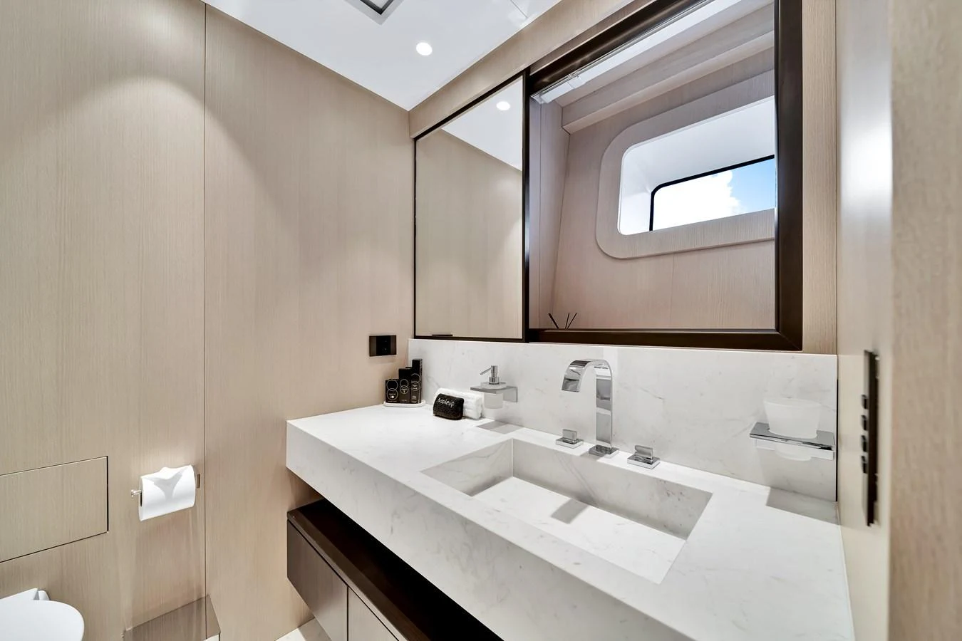 The yacht's bathroom features modern fixtures and a sleek, minimalist design. aboard BAGLIETTO DOM 133 #5 Yacht for Sale