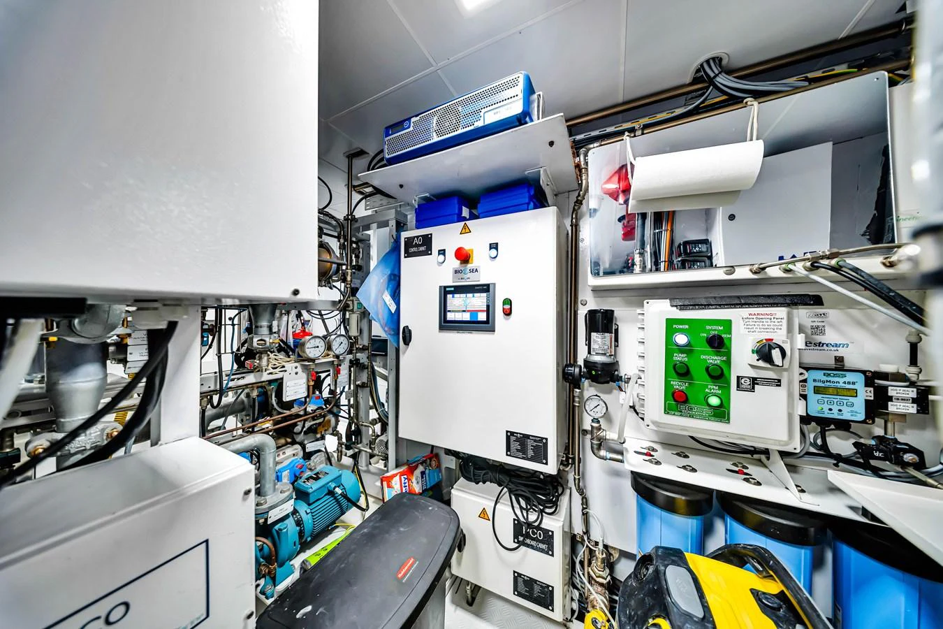 The image showcases the yacht's well-equipped engine room with advanced machinery and control panels. aboard BAGLIETTO DOM 133 #5 Yacht for Sale