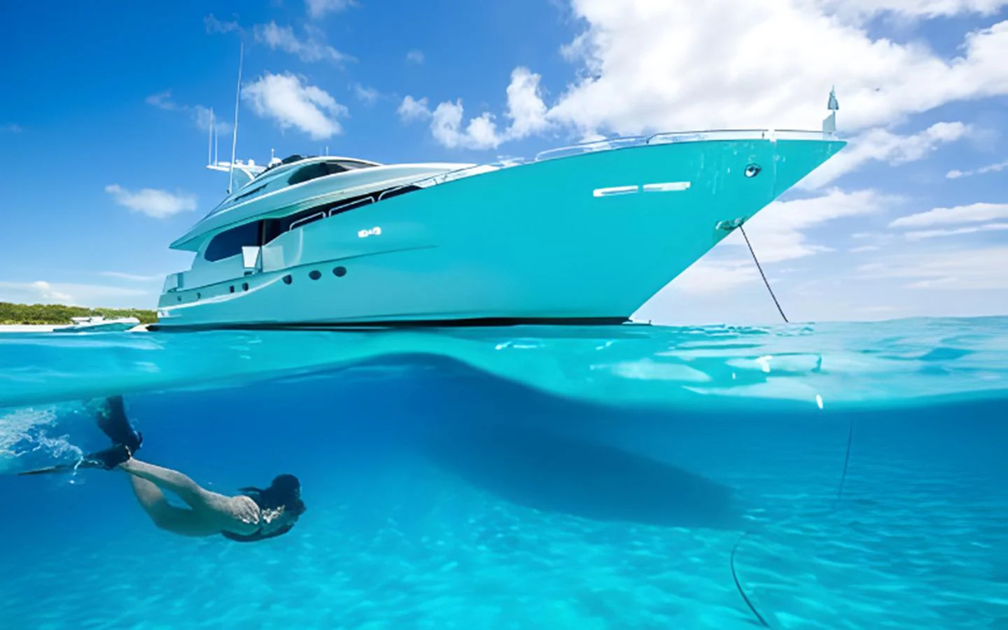 A sleek yacht is anchored in crystal-clear waters, with a swimmer enjoying the serene surroundings. aboard TRANQUILITY IV - 94 FT LAZZARA MOTORYACHT 2001 Yacht for Sale