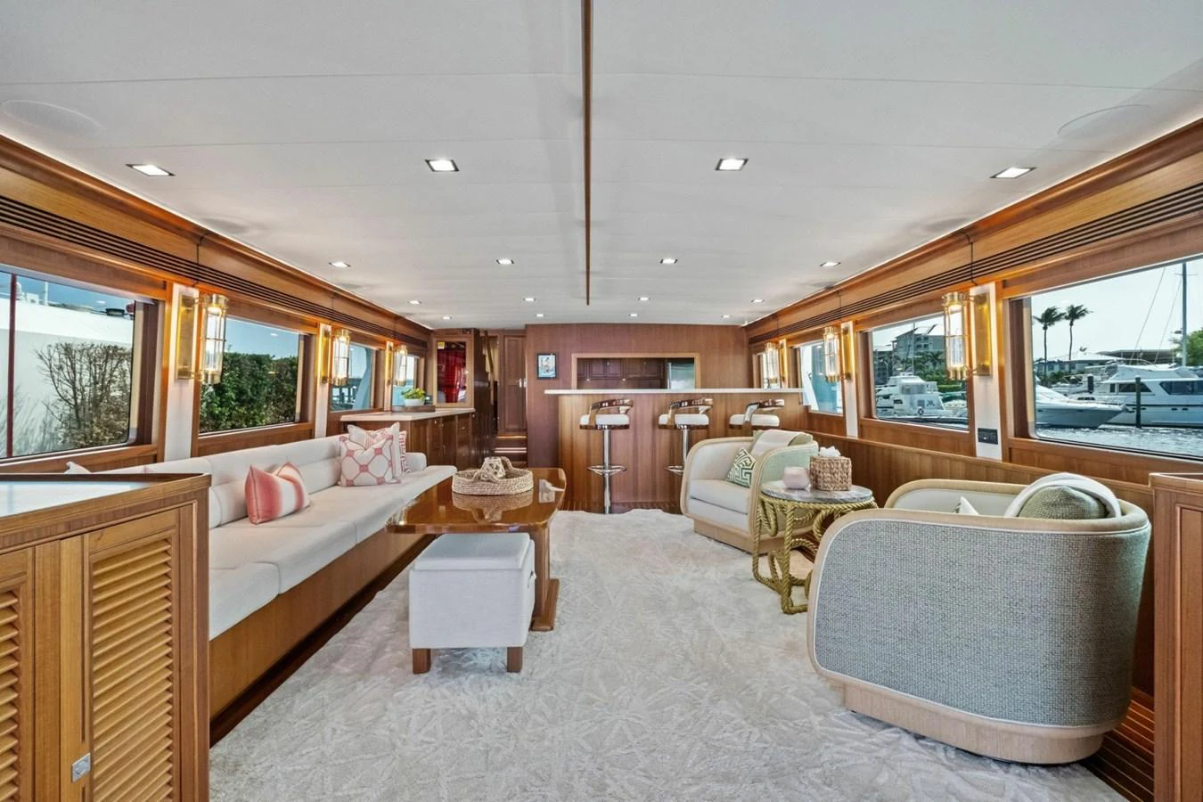 The salon features elegant seating areas with large windows offering stunning views. aboard ARTEMIS II Yacht for Sale