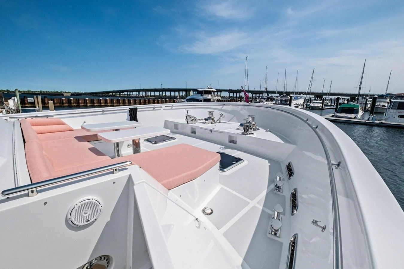 The yacht's foredeck features plush seating and a spacious layout, perfect for relaxation and enjoying the view. aboard ARTEMIS II Yacht for Sale
