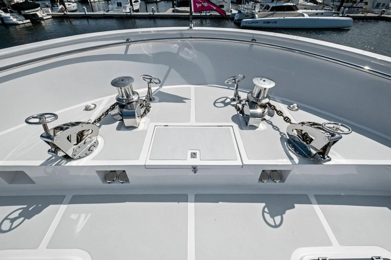 The yacht's bow features robust anchor winches and chain mechanisms, showcasing its sturdy anchoring system. aboard ARTEMIS II Yacht for Sale