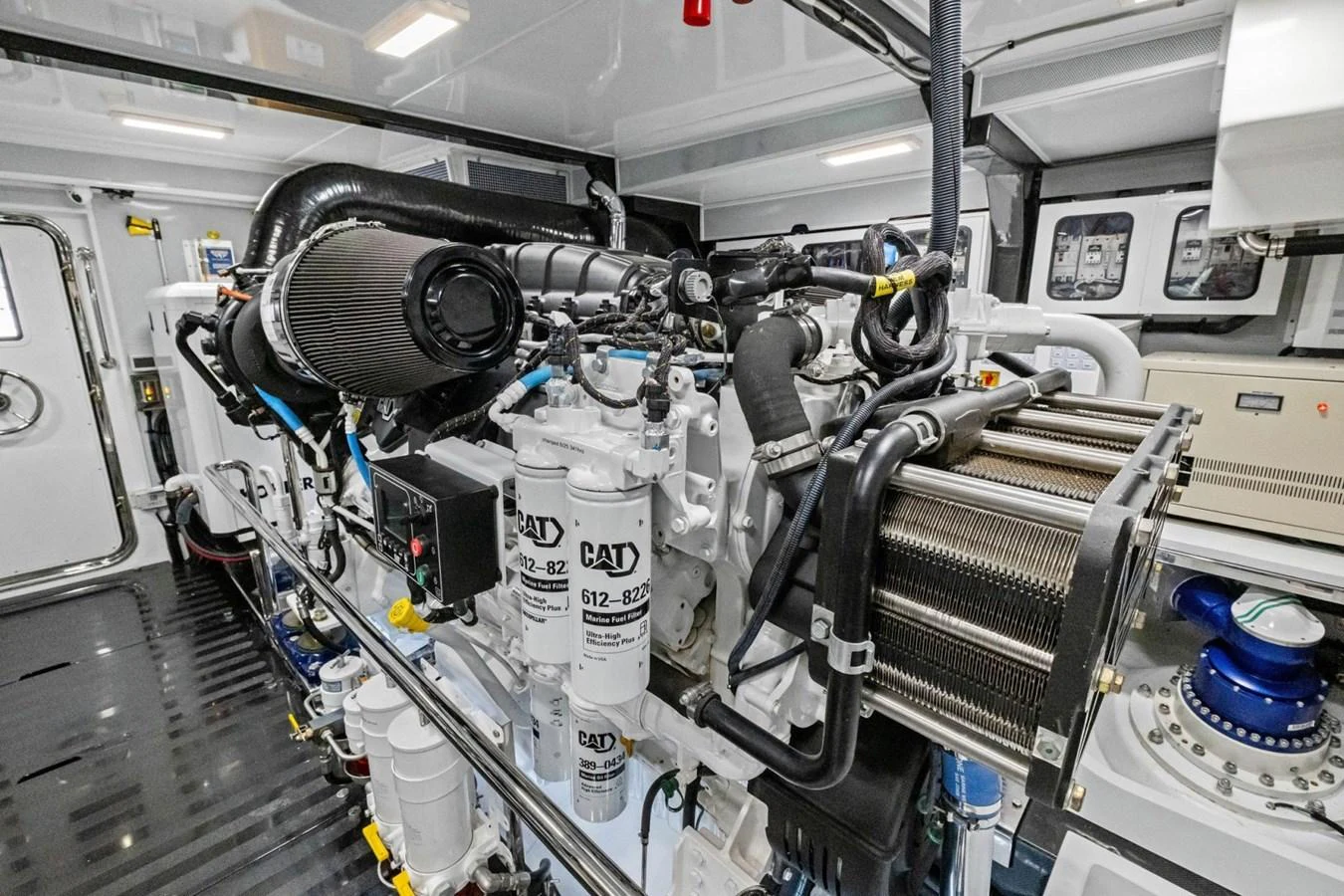 The image showcases the well-maintained engine room of the yacht, highlighting its advanced machinery and clean setup. aboard ARTEMIS II Yacht for Sale