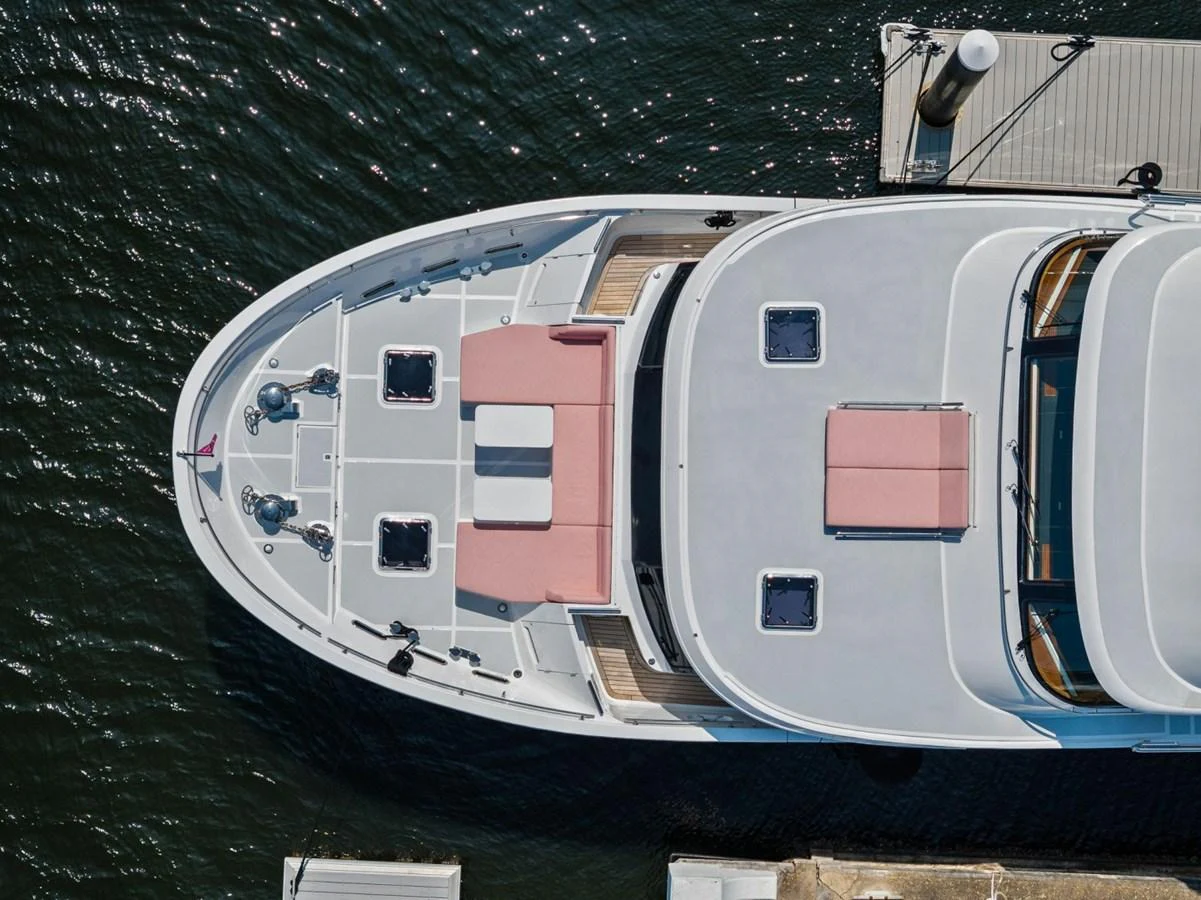 An aerial view of the yacht's bow, showcasing its sleek design and spacious deck area. aboard ARTEMIS II Yacht for Sale