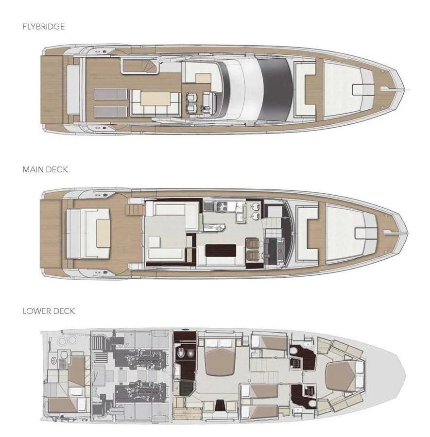 The image showcases detailed deck plans of a yacht, including the flybridge, main deck, and lower deck layouts. aboard AZ FLY 66 Yacht for Sale
